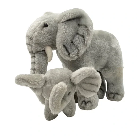 Vintage Dakin Elephant Plush Toy 1979 Korea Set Mom and Baby Stuffed Animal Gray