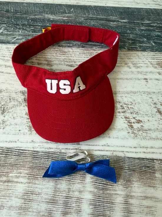 BUILD A BEAR Workshop Red USA Visor HAT & Bow Accessory BABW