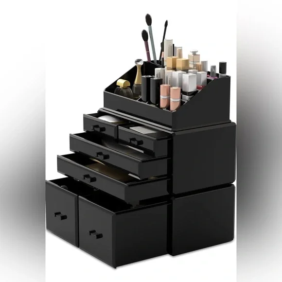 Makeup Organizer 3 Pieces Cosmetic Storage Case with 6 Drawers Black New