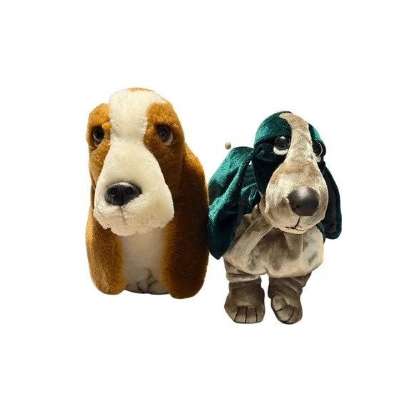 Vintage Hush Puppies Basset Hound Plush Set Tan White‎ and Green Velvet Dogs