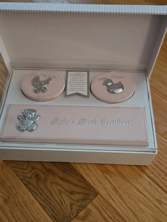 Baby's Birth Certificate Keepsake Set in Blush Pink with Silver Accents