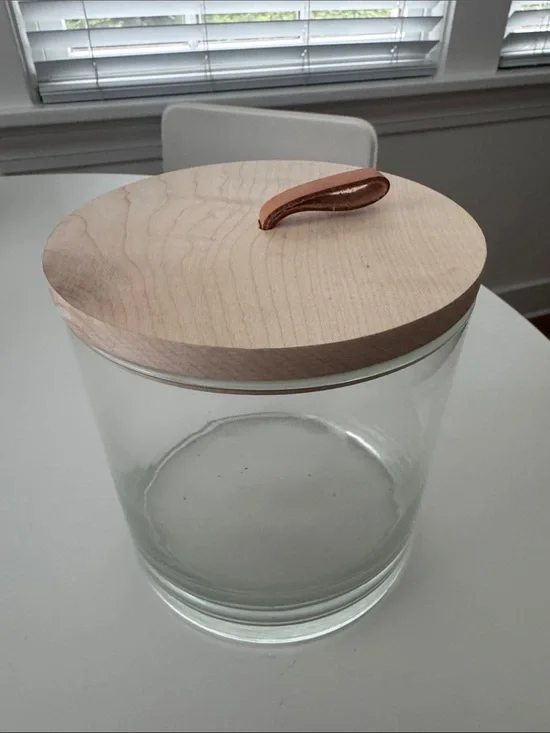 Jenni Kayne Home Glass Storage Jar with Light Wood Lid and Tan Leather Loop