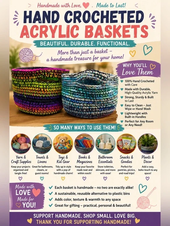 Crochet Acrylic Storage Basket | Multi-Purpose Organizer | Home Décor
