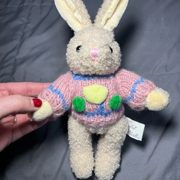 VTG Easter Bunny Rabbit With Pastel Knit Sweater 1988‎ Chrisha Playful Plush 10”