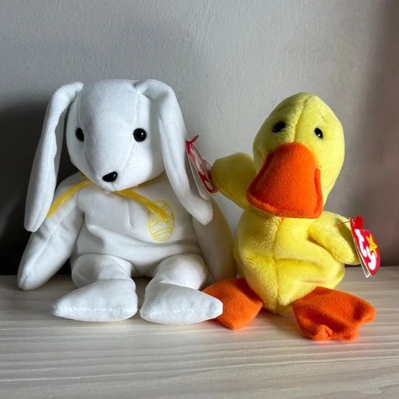 NWT VTG Color Me Beanie White Bunny and Quackers Yellow Duck TY‎ Plush Toys