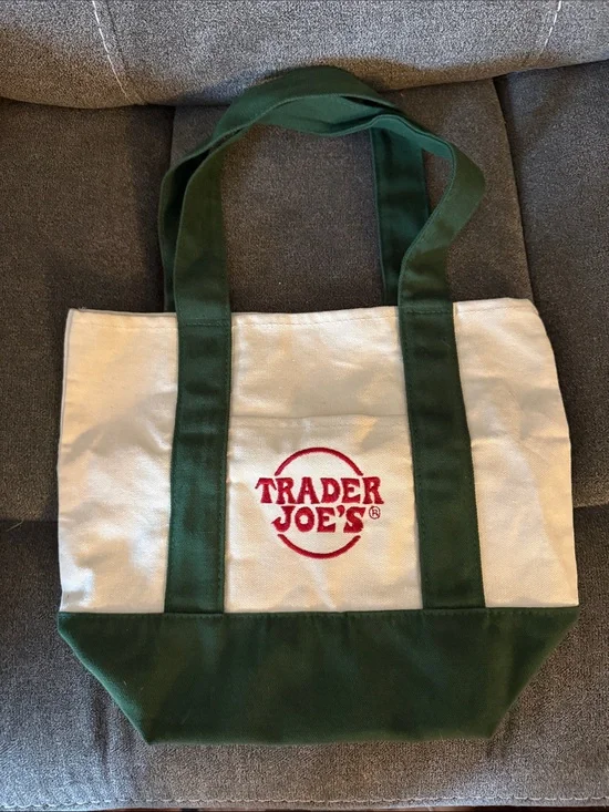 Trader Joe's Mini Canvas Tote Bag in Green and Cream