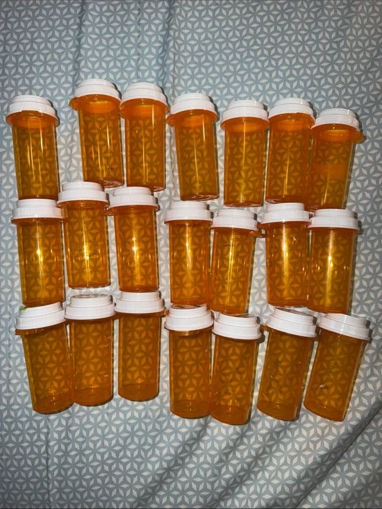 Amber Plastic Pill Bottles with White Safety Caps - Set of 21