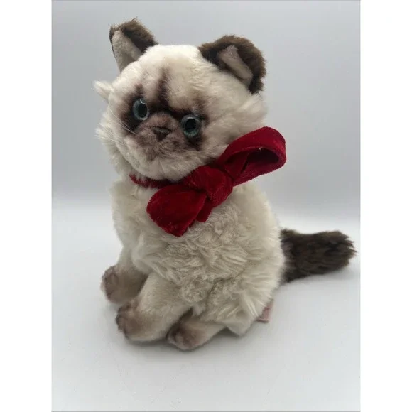 Russ Berrie Plush Cat Minx Siamese‎ Blue Eye Red Velour Bow EUC Kitty 9