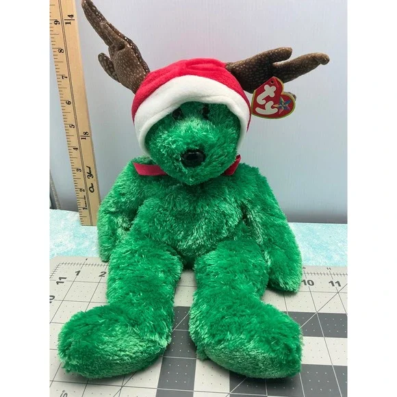 Ty Beanie Buddy Seasons the Bear Green Christmas Plush Santa Hat Antlers 2002‎
