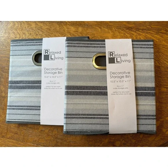NEW 2 Relaxed Living Storage Bins 10.5 x10.5 x 11 Gray‎ Stripes Organizers Shelf