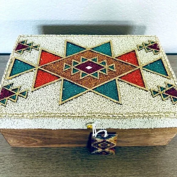 Southwest Western Aztec Tribal Beaded Teal Orange Gold Decor Storage Box
