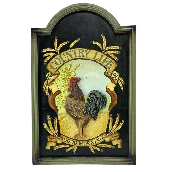 Vtg Large Wood‎ Rooster Chicken Picture Plaque w Raised Resin Rooster 26.5x17