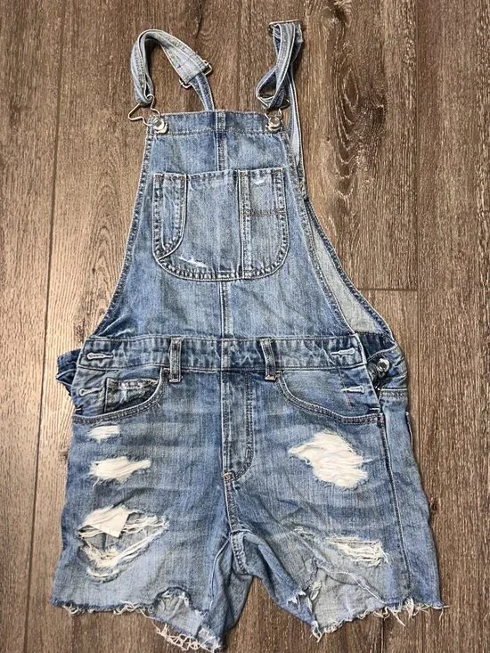 American Eagle Tomgirl Shortall Overalls Blue Denim Womens Size XXS  Distressed