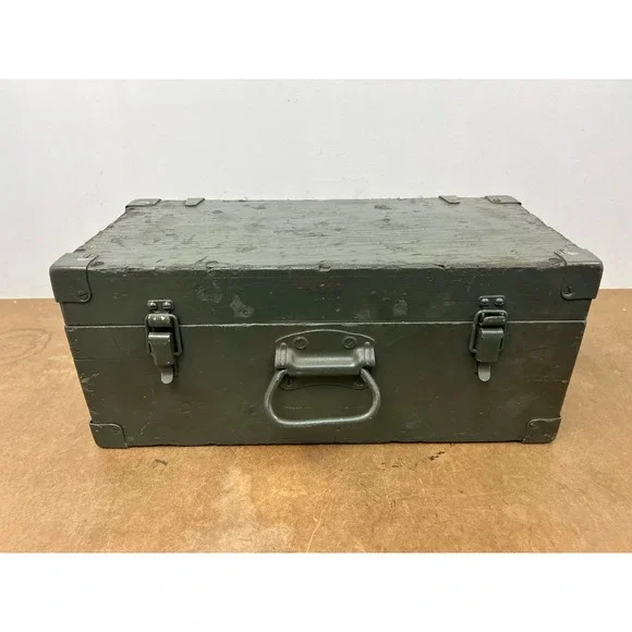 Vintage Military Wooden Chest Case OD Green Trunk Locking Tool Box Storage US