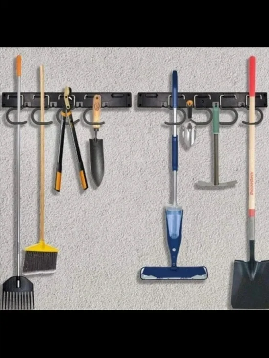 Wall-Mounted Tool & Broom Organizer Rack - Black