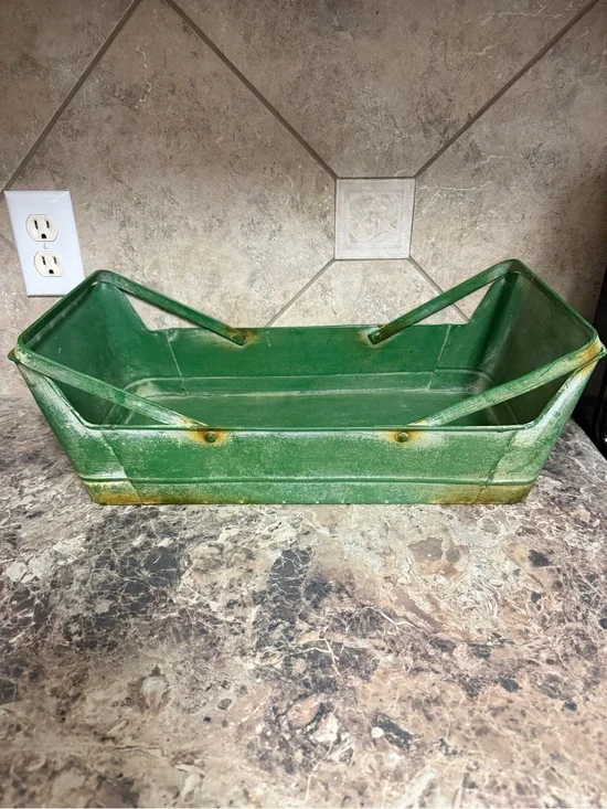 Green Metal Trough Organizer with Fold-Down Handles