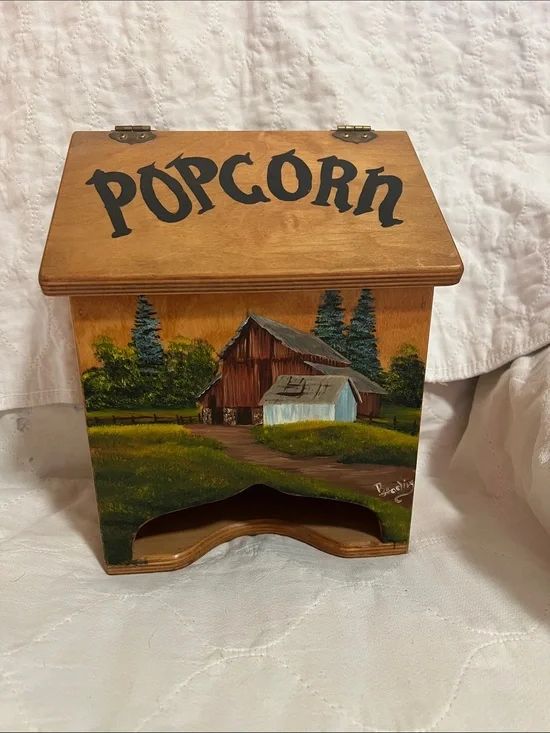 Wood Popcorn Storage Box with Country Barn Painting