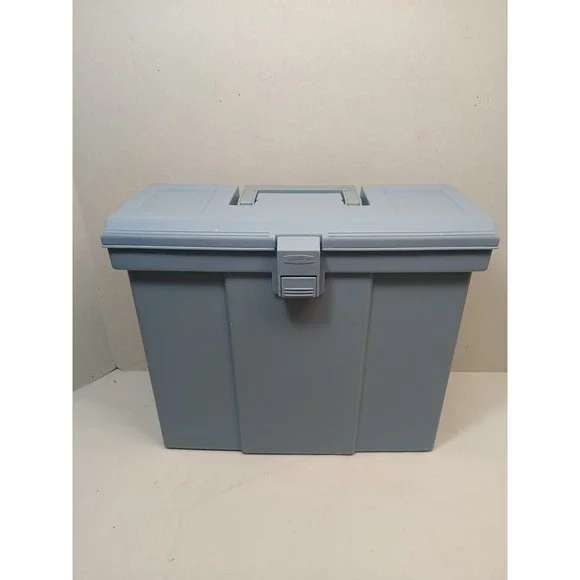 Rubbermaid Portable Hanging File Box with Latch and Handle Blue Gray Plastic