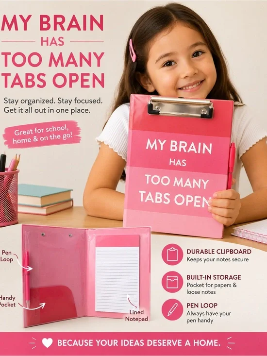 Pink Durable Clipboard Organizer with Built-in Notepad