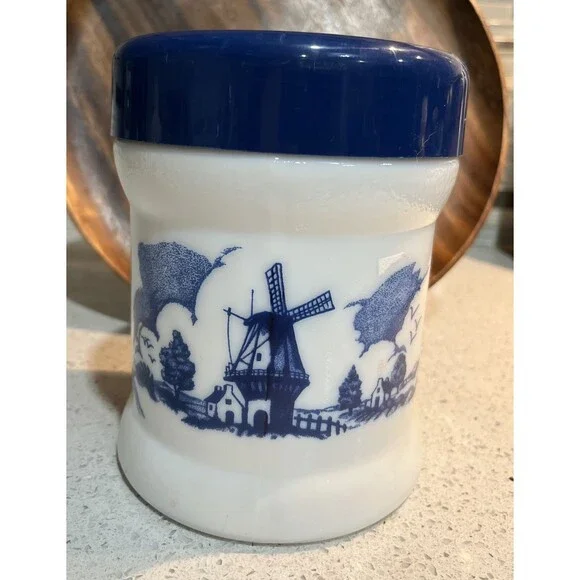 Vintage Holland Delft Blue & White  Milk Glass Canister w/ Lid