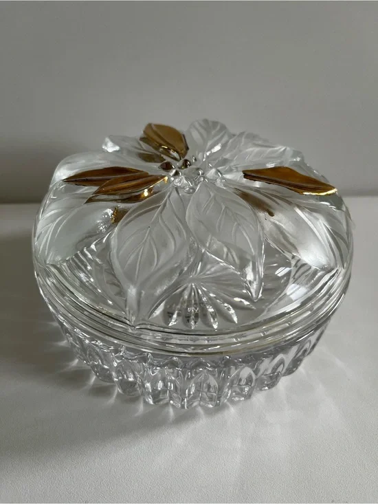 VTG Studio Nova Japan  Golden Poinsettia Round covered crystal Trinket,candy Box