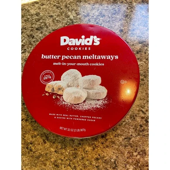 David's Cookies Butter Pecan Meltaways Round‎ Red Tin Empty Storage Container