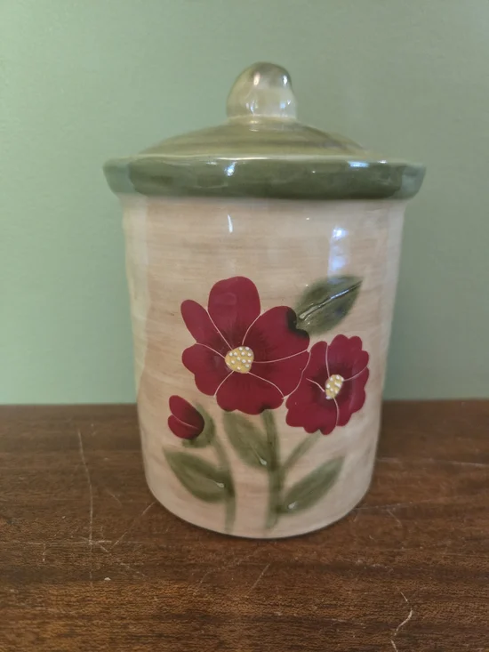 Ambience Fleur Rustique Red Poppy Recollections Cream Ceramic Jar with Green Lid