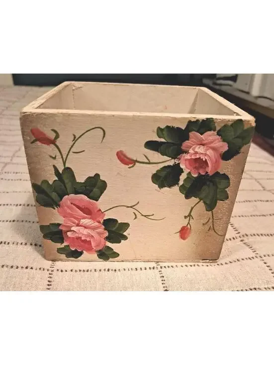 Vintage Hand-painted Country Pink Rose Wood Box/Planter/Desk Organizer