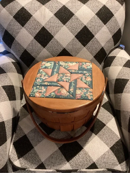 vintage wood and wicker sewing basket featuring “Churn Dash Star