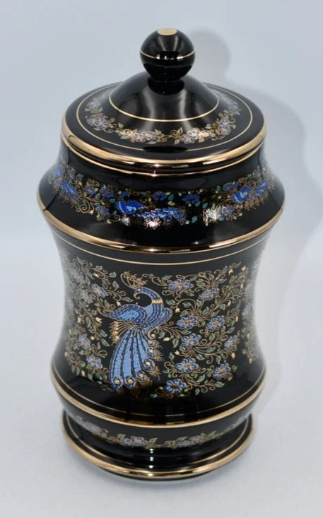 Anapale Greece Back Lidded Canister Jar 24k Gilded Hand Painted Peacock Birds