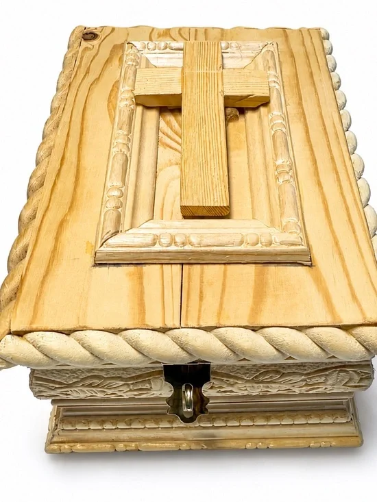 Wooden Decorative Prayer Box with Cross - Light Natural Finish