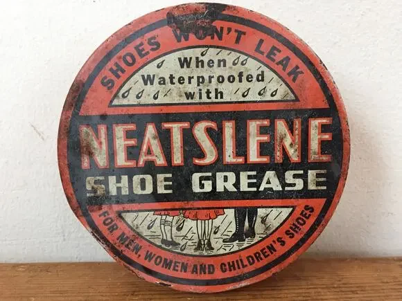 Vintage Neatslene Waterproofing Shoe Grease Orange Round Metal Advertise Tin Can