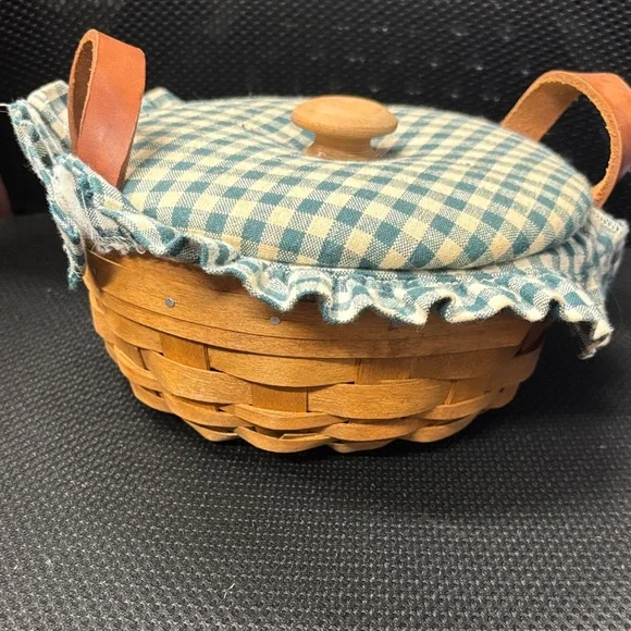 Woven Wood Basket with Blue Gingham Fabric Lid
