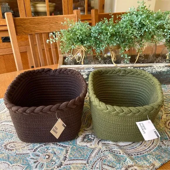 Woven Braided Storage Baskets Set Of 2 Brown Olive Green