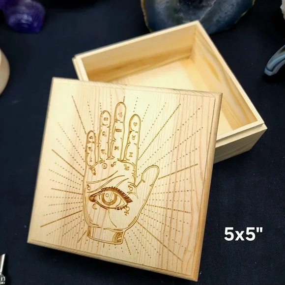 Wooden Keepsake Box Celestial Palmistry Eye Engraved Hinged Lid‎ 5x5 Storage