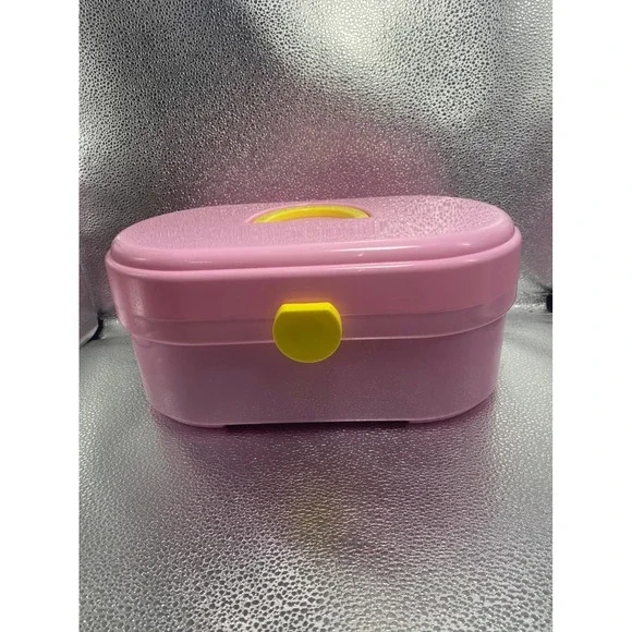 Vintage Pink Plastic Storage Case Yellow Latch Handle Makeup Craft Box Organizer