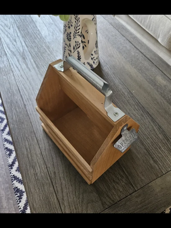 Wooden Caddy with Metal Handle and Bottle Opener - Natural Wood