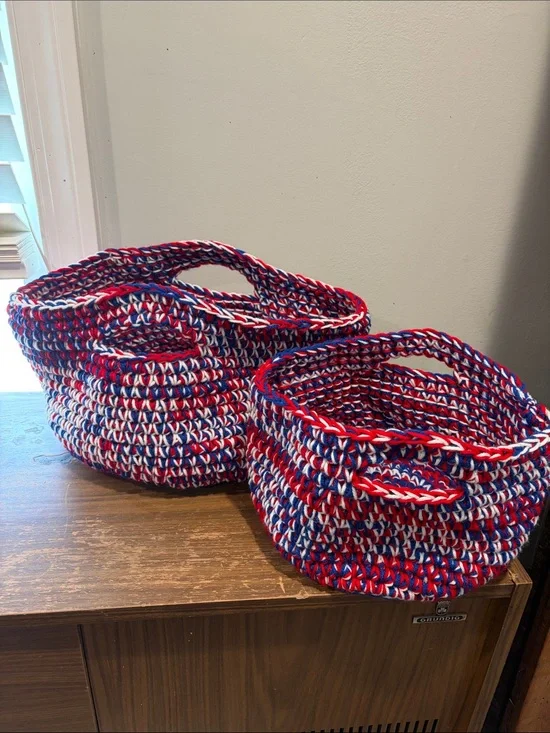 Hand Crafted Red, White & Blue Crochet Storage Baskets - Set of 2