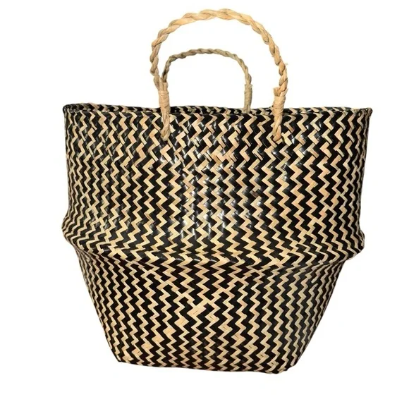 Handwoven Black & Natural Zigzag Basket Tote – 12”x 32.5”w/ 11” Handles