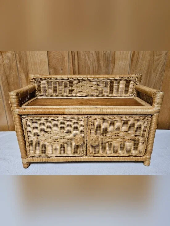 Vintage Rattan Wicker Wall 2 Shelf 2 Doors BOHO Cottage Granny Core Natural Wood