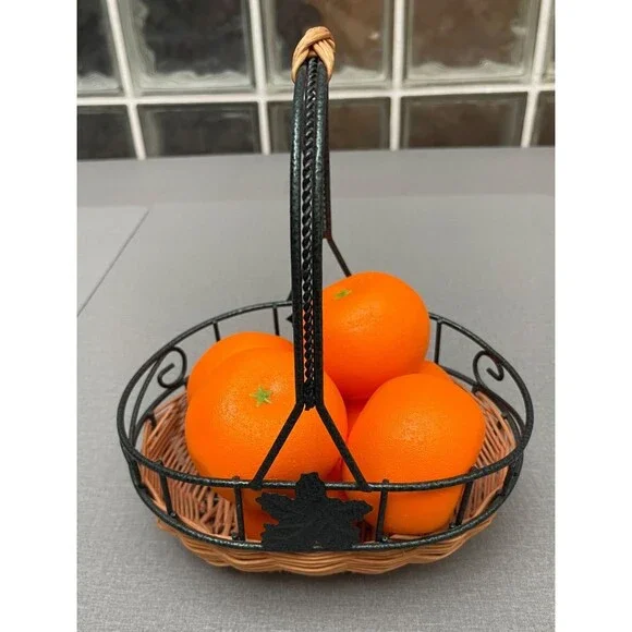 Cute Metal&Bamboo Basket With 6 Plastic Decoration  Oranges