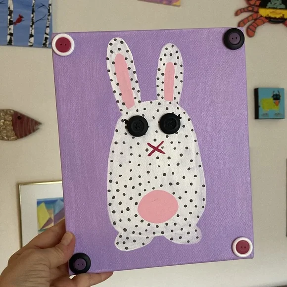 Bunny rabbit button Art NEW quirky acrylic painting white polka dot rabbit 8x10