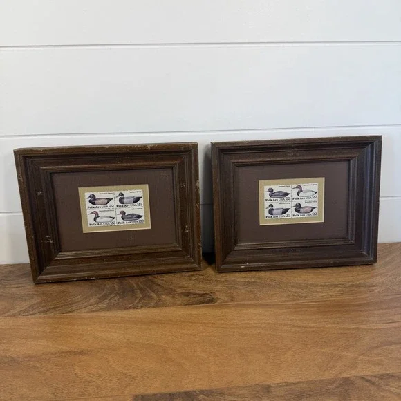 Framed VTG 1985 Folk Art USA 22¢ Duck Decoy Stamps Block of 4 Rustic Decor Set