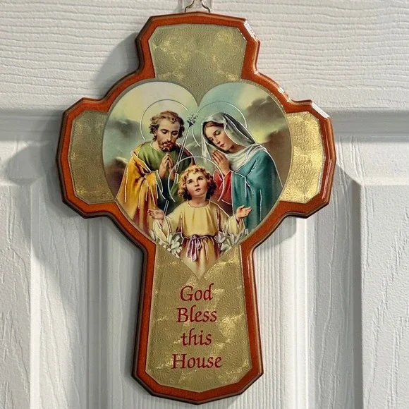 Religious Holy Family Cross Wall Decor God Bless This House Vtg Art‎ Gold Foil
