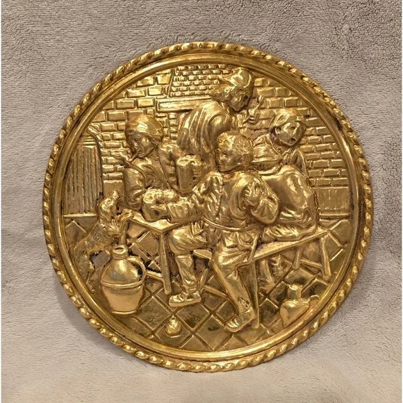 Vintage Embossed Brass Wall Plaque Tavern Scene with People &‎ Dog