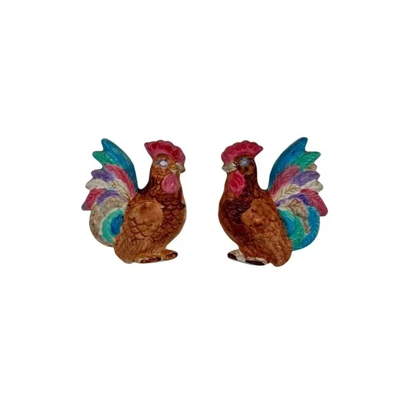 Vintage Ceramic Rooster Wall Hanging Set Colorful Farmhouse Kitchen Decor Kitsch