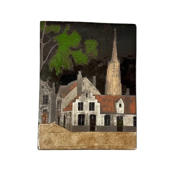 Vintage Hand-Painted Decorative Tile Plaque European Village Church Scene