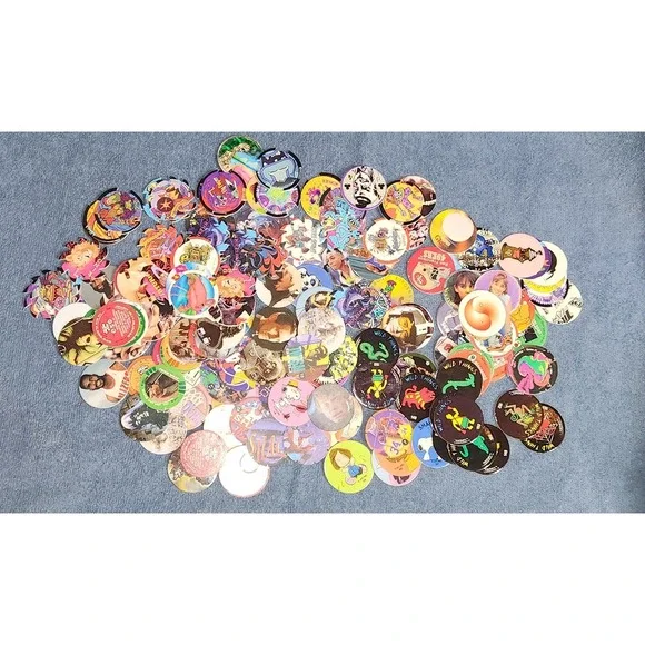 159 Vintage 90s Pogs Lot –‎ Mixed Designs, Holo, Licensed & Generic Caps