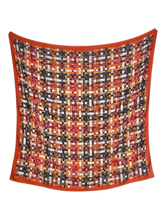 Hermes Carre 140 Bolduc AU Check Scarf Cashmere Silk Orange Multicolor