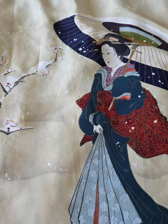 Vintage 100% Silk Scarf Asian Lady Geisha Cherry Blossom Japan 27